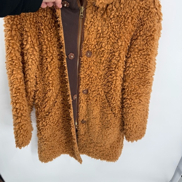 J Crew Size XXS Brown Textured Fuzzy Faux Fur Teddy Coat Collared Snap/zip front - Picture 8 of 9